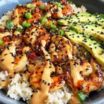 Teriyaki Shrimp Rice Bowls with jasmine rice, glazed shrimp, sliced avocado, green onions, sesame seeds, and creamy spicy mayo drizzle.