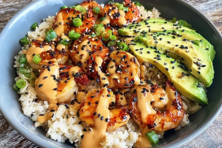 Teriyaki Shrimp Rice Bowls with jasmine rice, glazed shrimp, sliced avocado, green onions, sesame seeds, and creamy spicy mayo drizzle.