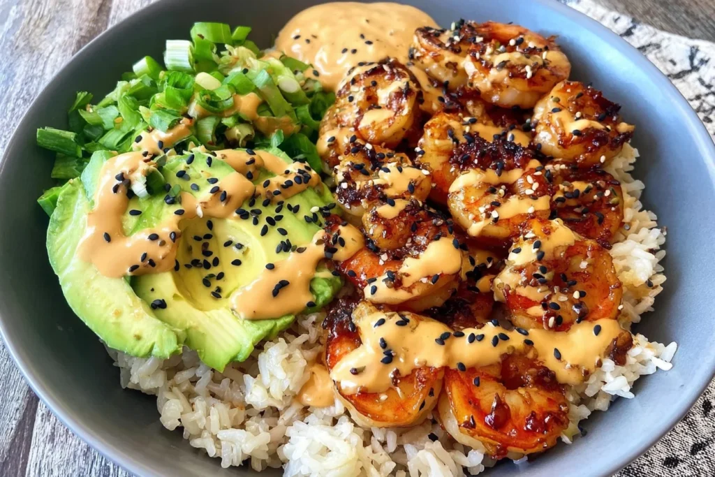 Teriyaki Shrimp Rice Bowls with teriyaki-glazed shrimp, fluffy jasmine rice, sliced avocado, chopped green onions, sesame seeds, and spicy mayo drizzle.