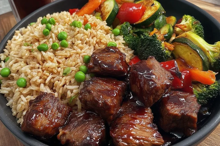 Teriyaki Steak & Veggie Fried Rice Bowl with glossy teriyaki steak bites, peas fried rice, and sautéed broccoli, zucchini, and bell pepper in a black bowl.
