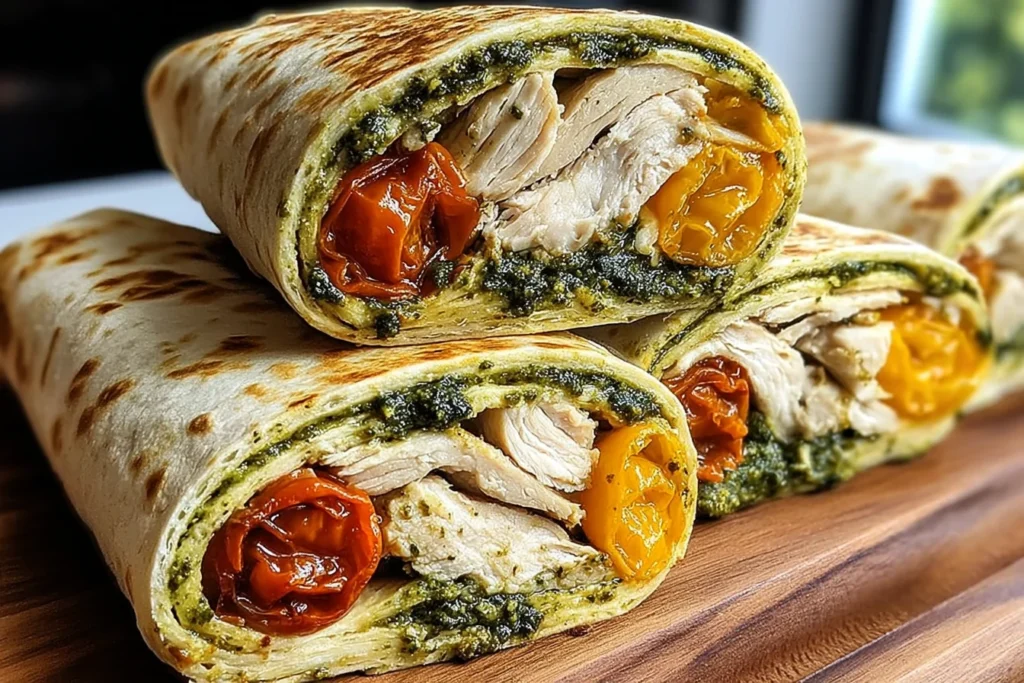 Chicken Pesto Wraps sliced in half, showing pesto-coated chicken, sun-dried tomatoes, and melty cheese in a toasted tortilla.