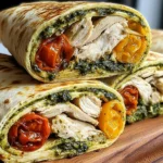 Chicken Pesto Wraps sliced in half, showing pesto-coated chicken, sun-dried tomatoes, and melty cheese in a toasted tortilla.