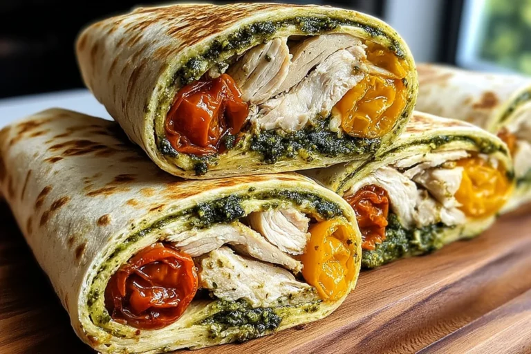 Chicken Pesto Wraps sliced in half, showing pesto-coated chicken, sun-dried tomatoes, and melty cheese in a toasted tortilla.
