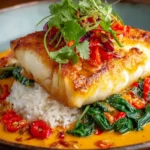 Tropical Grouper with Spicy Coconut served over jasmine rice with creamy coconut-lime sauce, red chiles, sautéed greens, and cilantro.