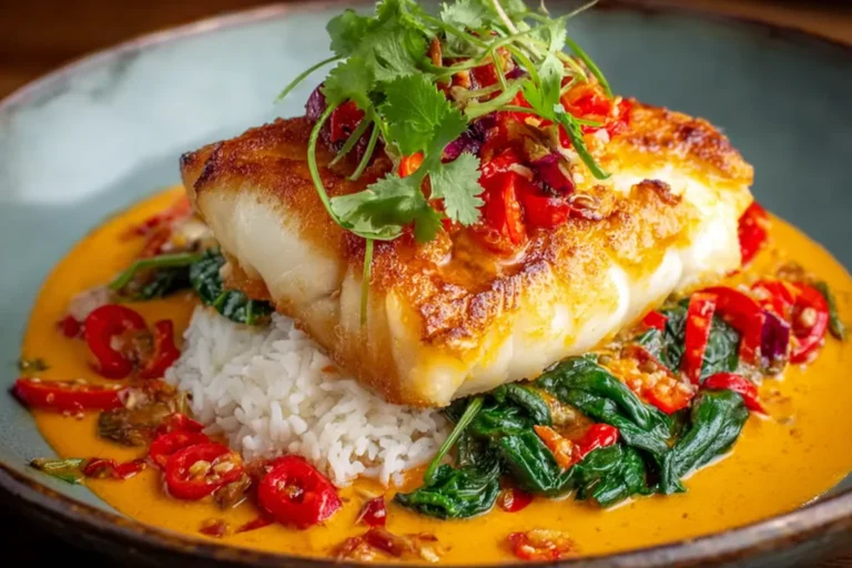 Tropical Grouper with Spicy Coconut served over jasmine rice with creamy coconut-lime sauce, red chiles, sautéed greens, and cilantro.