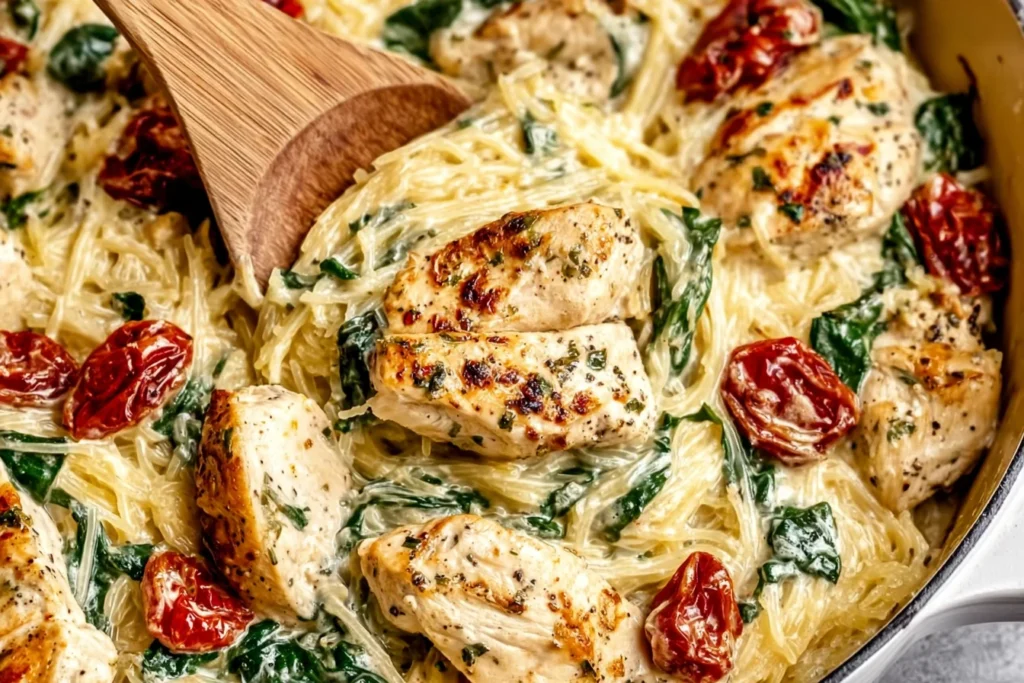 Creamy Tuscan Chicken and Spaghetti Squash with spinach and sun-dried tomatoes in a rich garlic Parmesan sauce