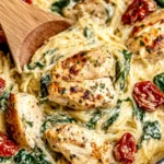 Creamy Tuscan Chicken and Spaghetti Squash with spinach and sun-dried tomatoes in a rich garlic Parmesan sauce