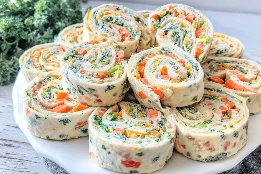 Veggie Pinwheels with Broccoli and Carrots sliced into creamy vegan tortilla spirals on a white plate, packed with colorful veggies.
