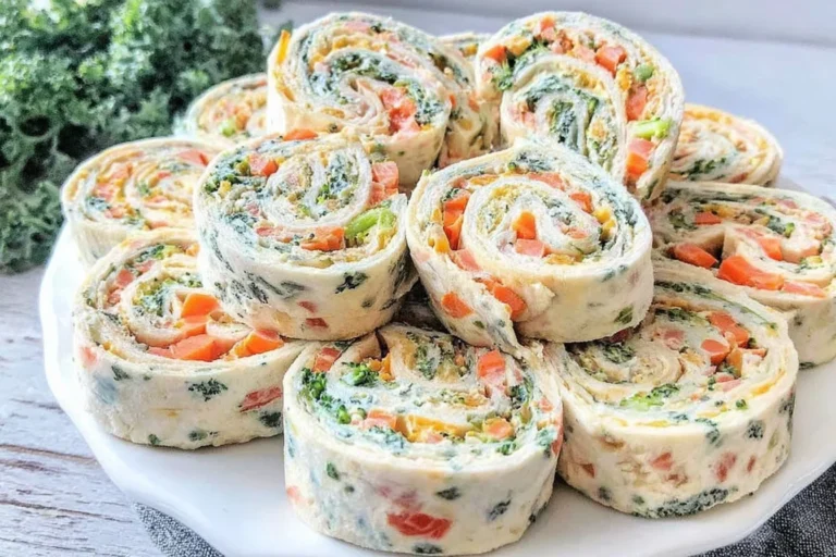 Veggie Pinwheels with Broccoli and Carrots sliced into creamy vegan tortilla spirals on a white plate, packed with colorful veggies.