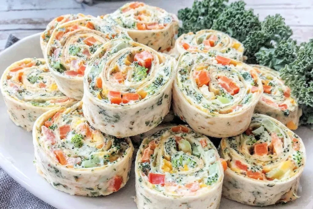 Veggie Pinwheels with Broccoli and Carrots stacked on a serving plate with creamy vegan filling, colorful veggie spirals, and kale garnish.