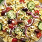 Feta Mediterranean Pasta Salad with bowtie pasta, cucumbers, cherry tomatoes, kalamata olives, red onion, parsley, and crumbled feta in a zesty lemon vinaigrette.
