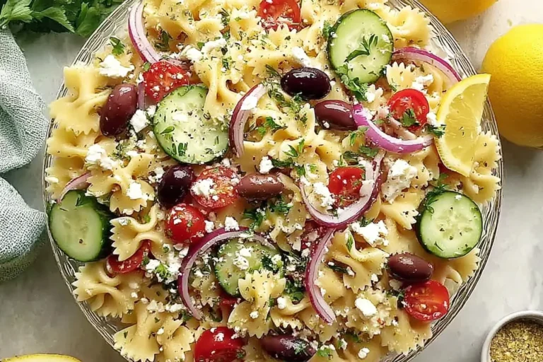 Feta Mediterranean Pasta Salad with bowtie pasta, cucumbers, cherry tomatoes, kalamata olives, red onion, parsley, and crumbled feta in a zesty lemon vinaigrette.