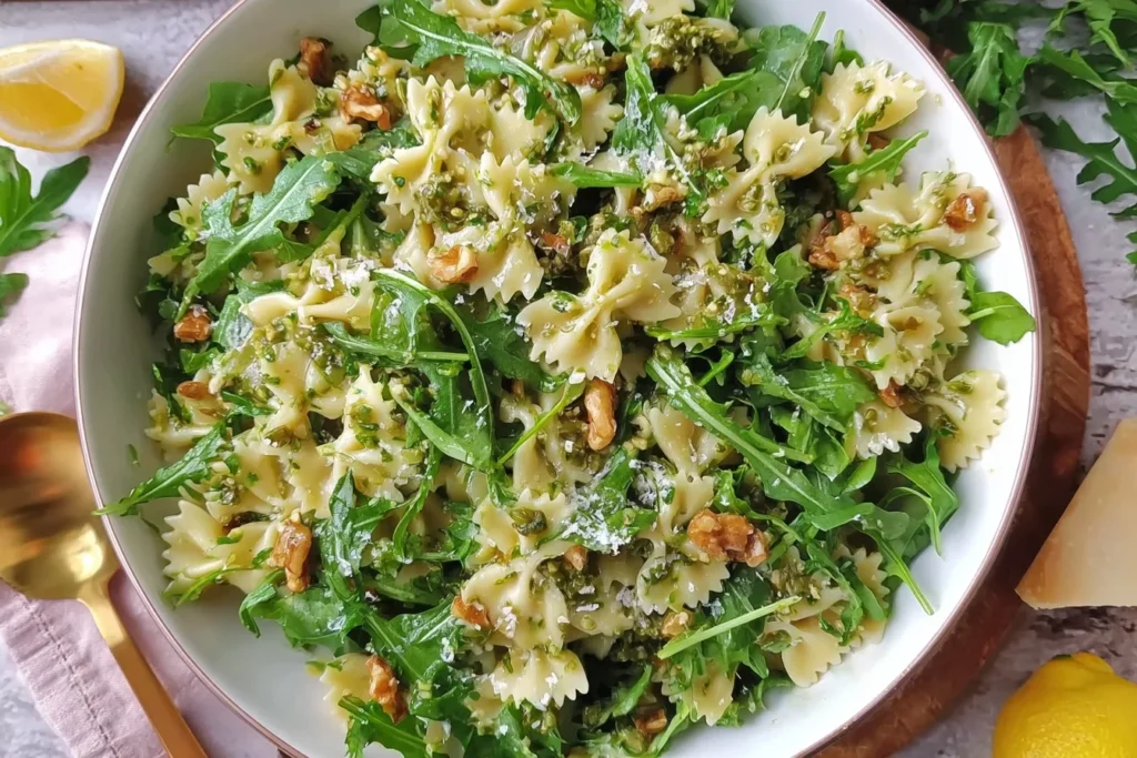 Lemon Arugula Pasta Salad with farfalle, fresh arugula, toasted walnuts, capers, lemon zest, and grated Parmesan in a white bowl.