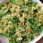 Lemon Arugula Pasta Salad with farfalle, fresh arugula, toasted walnuts, capers, lemon zest, and grated Parmesan in a white bowl.