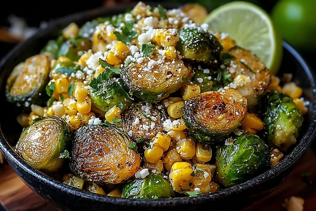 Mexican Street Corn Brussels Sprouts in a black bowl with charred corn, cotija cheese, cilantro, and lime wedge.