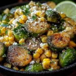 Mexican Street Corn Brussels Sprouts in a black bowl with charred corn, cotija cheese, cilantro, and lime wedge.