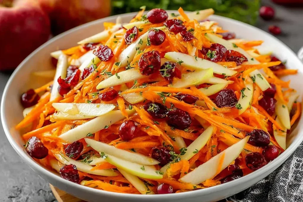 Refreshing Apple Cranberry Carrot Salad in a white bowl with shredded carrots, crisp apple slices, dried cranberries, and herbs.
