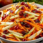 Refreshing Apple Cranberry Carrot Salad in a white bowl with shredded carrots, crisp apple slices, dried cranberries, and herbs.