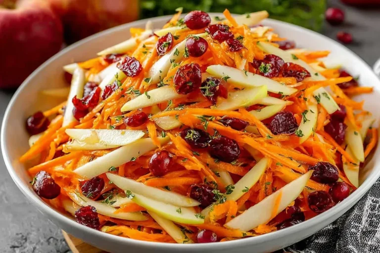 Refreshing Apple Cranberry Carrot Salad in a white bowl with shredded carrots, crisp apple slices, dried cranberries, and herbs.