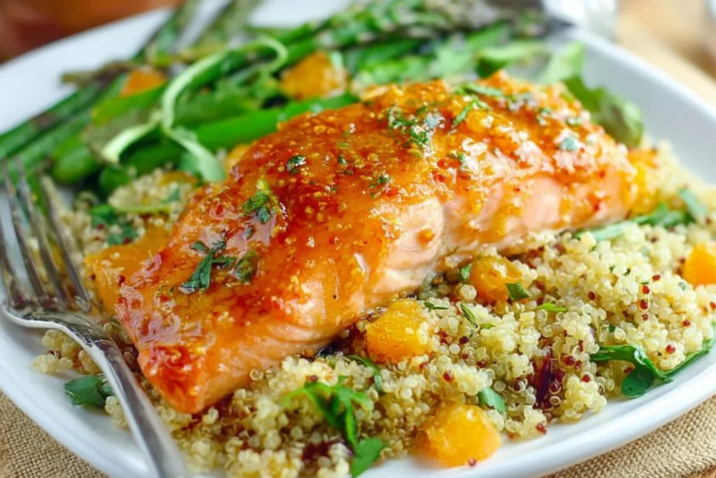 Apricot Dijon Glazed Salmon drizzled with a sticky apricot-mustard glaze over quinoa with herbs and roasted asparagus on the side.