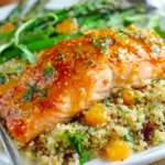 Apricot Dijon Glazed Salmon drizzled with a sticky apricot-mustard glaze over quinoa with herbs and roasted asparagus on the side.