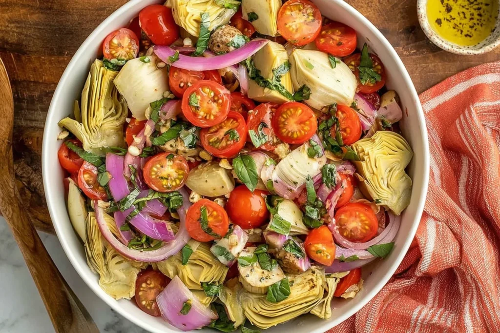 Artichoke Tomato Salad in a white bowl with cherry tomatoes, marinated artichoke hearts, red onion, fresh basil, and chickpeas.