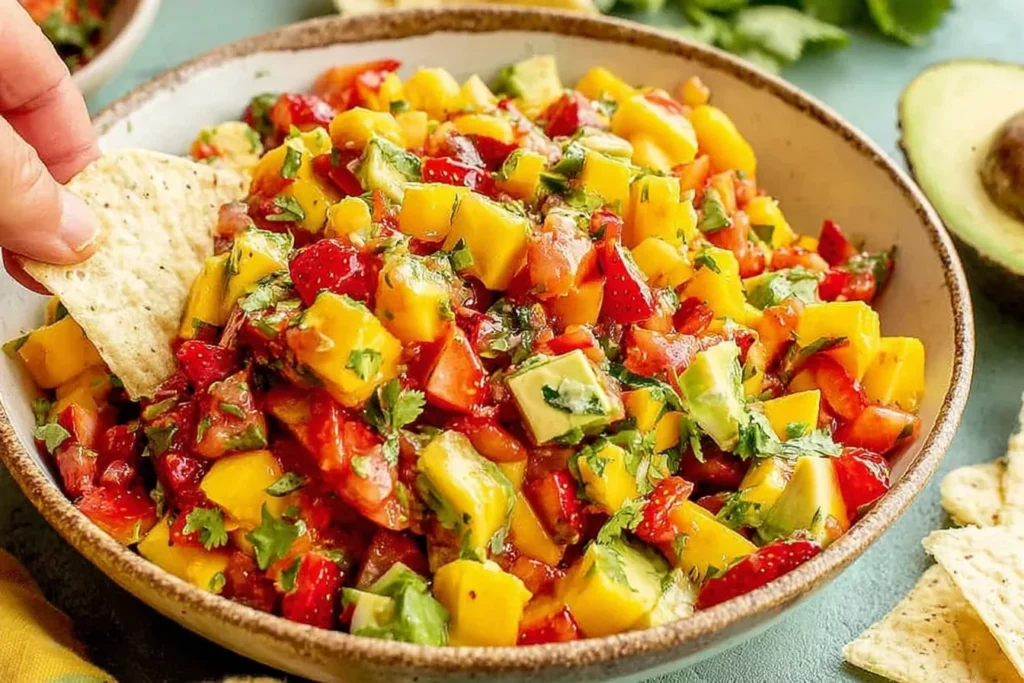 Avocado Strawberry Mango Salsa with diced mango, strawberries, avocado, cilantro, and lime in a bowl, served with tortilla chips for dipping.