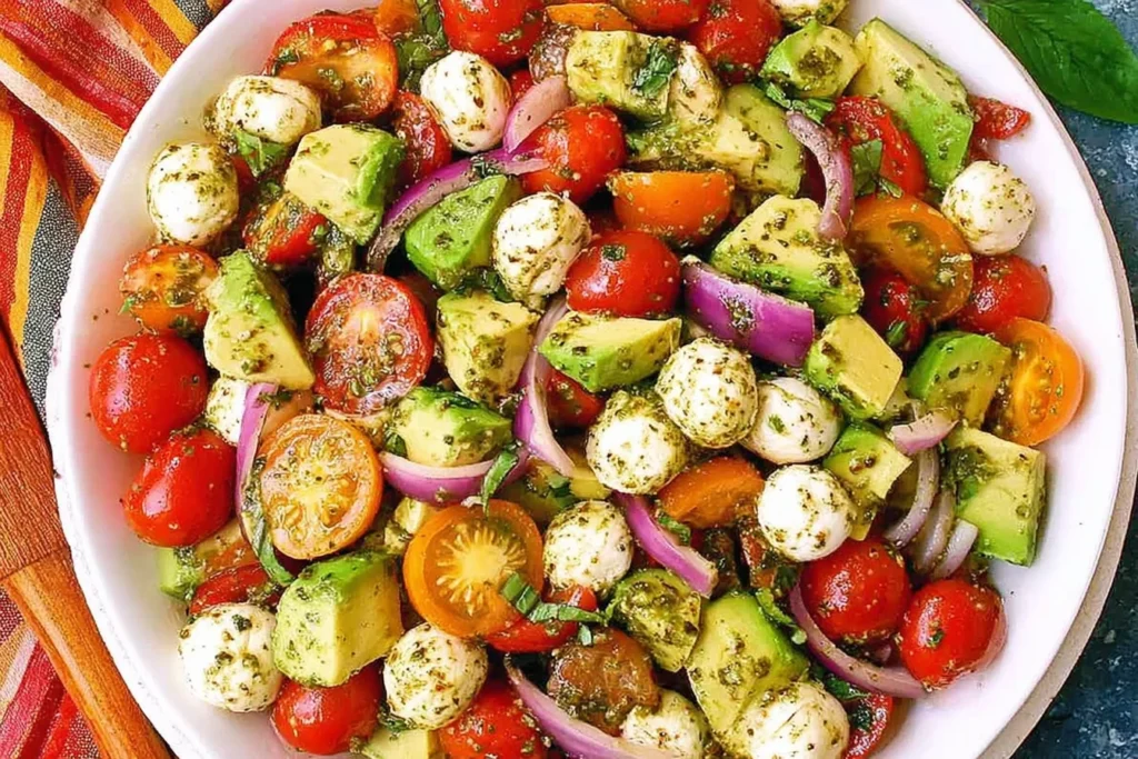 Avocado Salad Tomatoes Mozzarella Basil Pesto with cherry tomatoes, diced avocado, cucumber, red onion, and mozzarella pearls tossed in basil pesto.