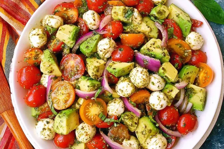 Avocado Salad Tomatoes Mozzarella Basil Pesto with cherry tomatoes, diced avocado, cucumber, red onion, and mozzarella pearls tossed in basil pesto.