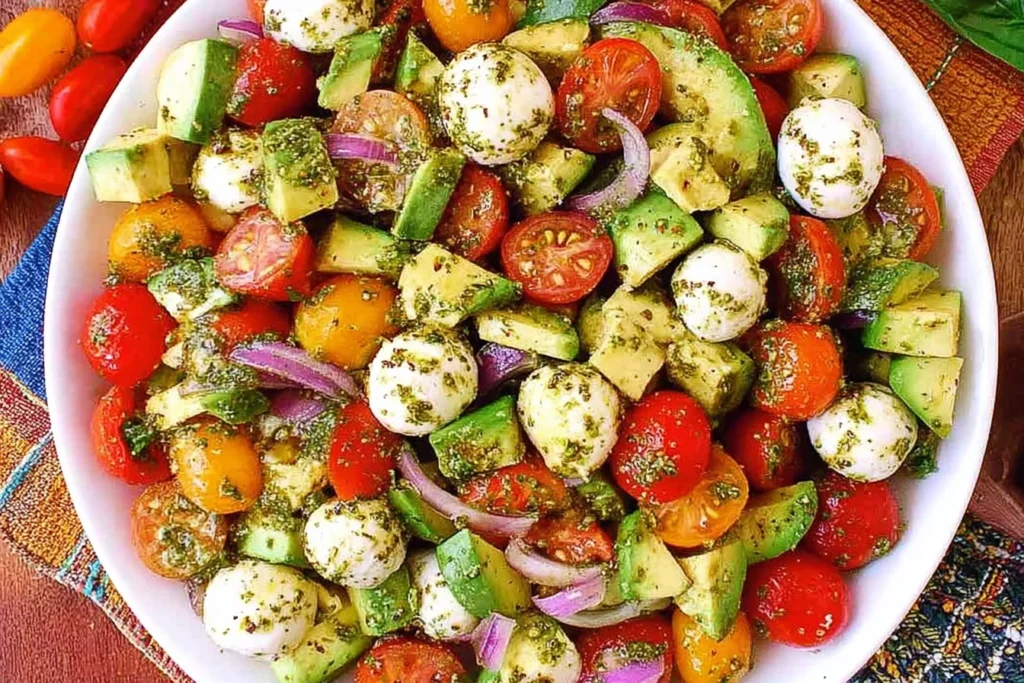 Avocado Salad Tomatoes Mozzarella Basil Pesto in a white bowl with red and yellow cherry tomatoes, avocado chunks, cucumber slices, red onion, and mozzarella pearls.