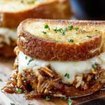 BBQ Chicken Grilled Cheese Sandwiches on toasted garlic butter sourdough with melty Havarti and saucy shredded BBQ chicken.