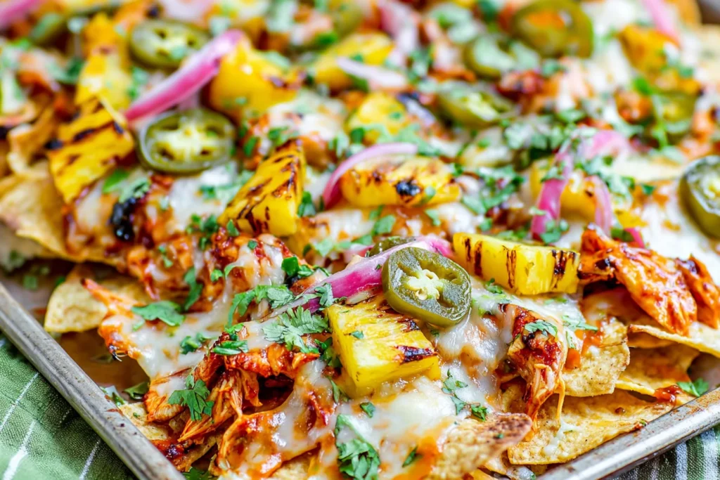 BBQ Chicken and Grilled Pineapple Nachos loaded with melty cheese, grilled pineapple chunks, jalapeños, and red onions on crispy tortilla chips.