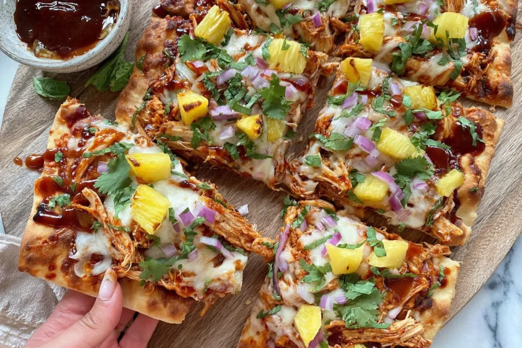 BBQ Chicken Pineapple Flatbread slices topped with shredded BBQ chicken, melted mozzarella, pineapple chunks, red onion, cilantro, and extra BBQ sauce for dipping.