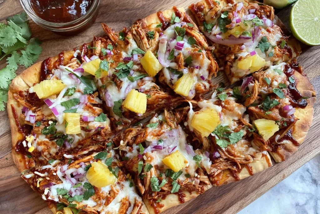 BBQ Chicken Pineapple Flatbread topped with shredded BBQ chicken, melted cheese, pineapple chunks, red onion, and cilantro on a crispy flatbread.
