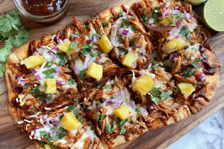 BBQ Chicken Pineapple Flatbread topped with shredded BBQ chicken, melted cheese, pineapple chunks, red onion, and cilantro on a crispy flatbread.