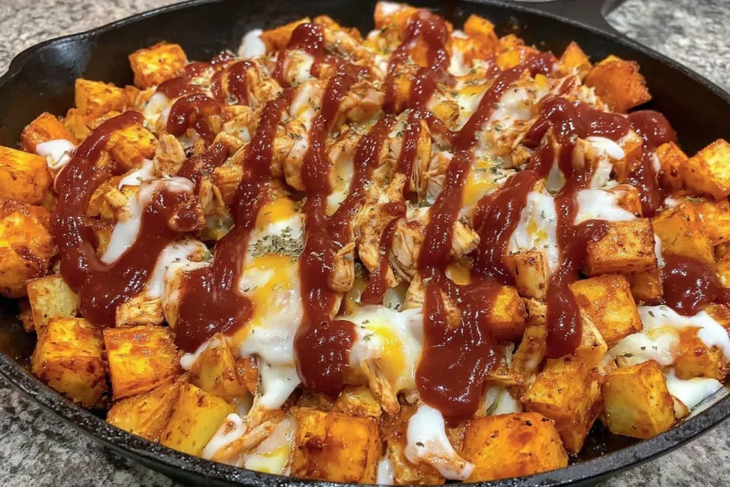 BBQ Chicken Potato Skillet in a cast-iron skillet with crispy cubed potatoes, saucy chicken, melted mozzarella, and extra BBQ drizzle.