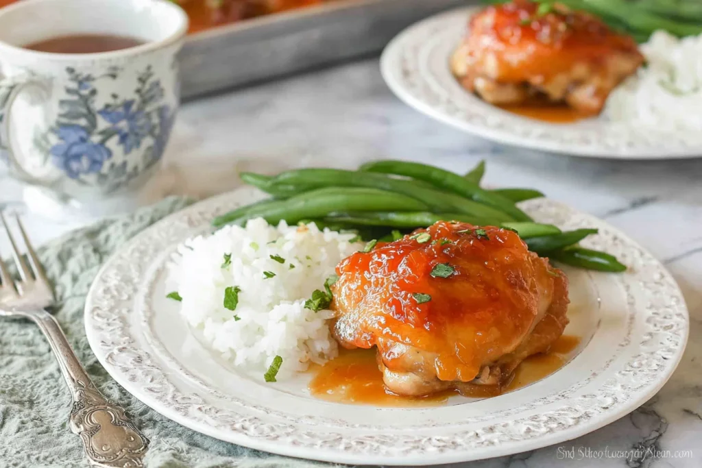 Baked Apricot Chicken Thighs served with fluffy white rice and crisp green beans, topped with a glossy apricot glaze and parsley.