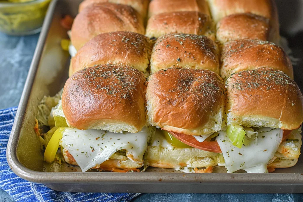 Hot Italian Sub Sliders baked on a tray with buttery seasoned tops, melted provolone, Italian meats, and pickled peppers.