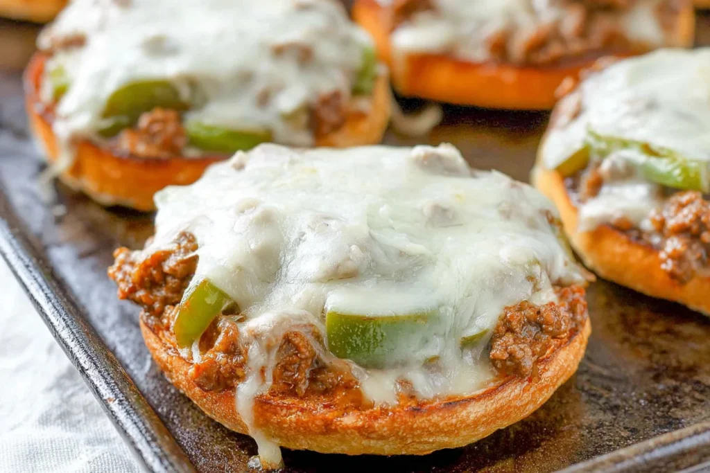 Philly Cheesesteak Sloppy Joes open-faced on toasted brioche buns, topped with melty provolone over seasoned beef, onions, and green peppers.