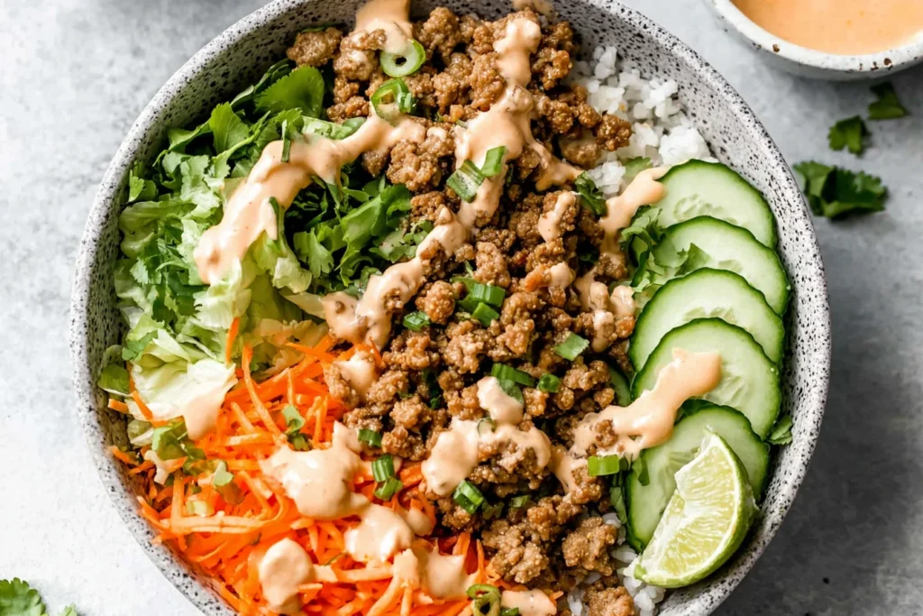 Banh Mi Bowl with saucy ground beef, sliced cucumbers, shredded carrots, fresh herbs, and creamy sriracha mayo over rice with a lime wedge.