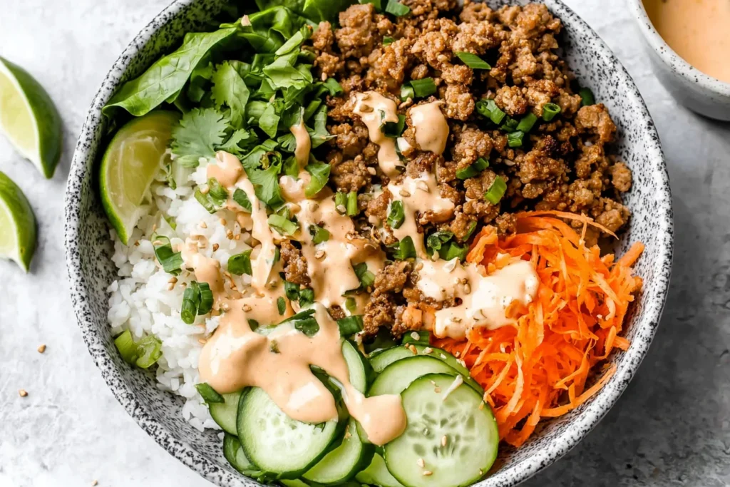 Banh Mi Bowl with sticky ginger-garlic beef, cucumber, shredded carrots, fresh herbs, and creamy sriracha mayo over rice.