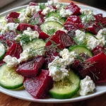 Beet Salad with Feta Cucumber and Dill on a white plate with roasted beet chunks, sliced cucumber, crumbled feta, and fresh dill.