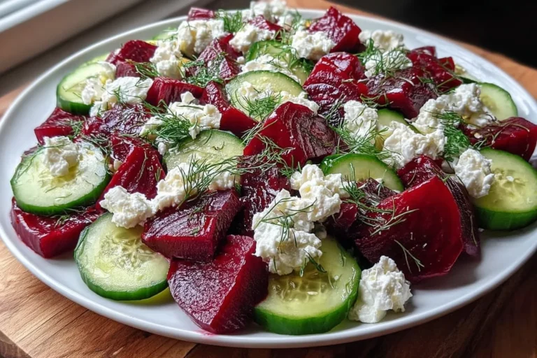 Beet Salad with Feta Cucumber and Dill on a white plate with roasted beet chunks, sliced cucumber, crumbled feta, and fresh dill.