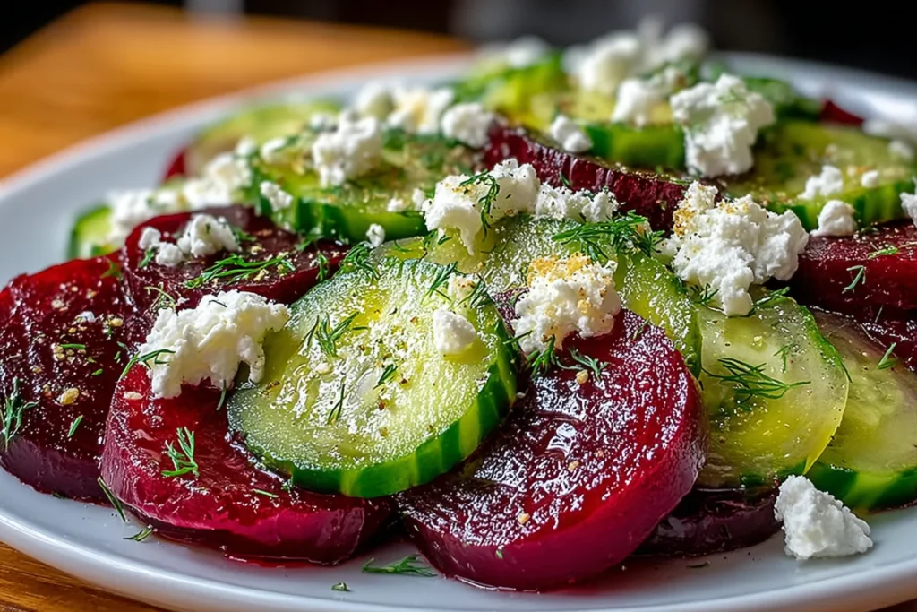 Beet Salad with Feta Cucumber and Dill served on a plate with sliced roasted beets, crisp cucumber rounds, crumbled feta, and fresh dill.