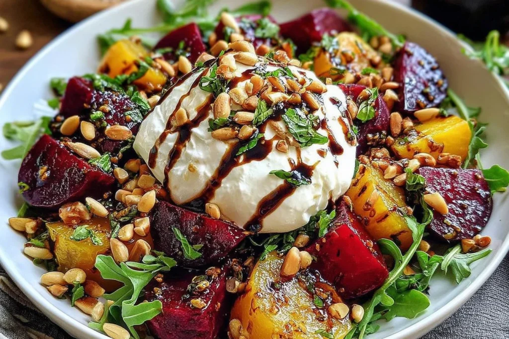 Beet and Burrata Salad served over arugula with roasted red and golden beets, creamy burrata, toasted pine nuts, basil, and balsamic drizzle.
