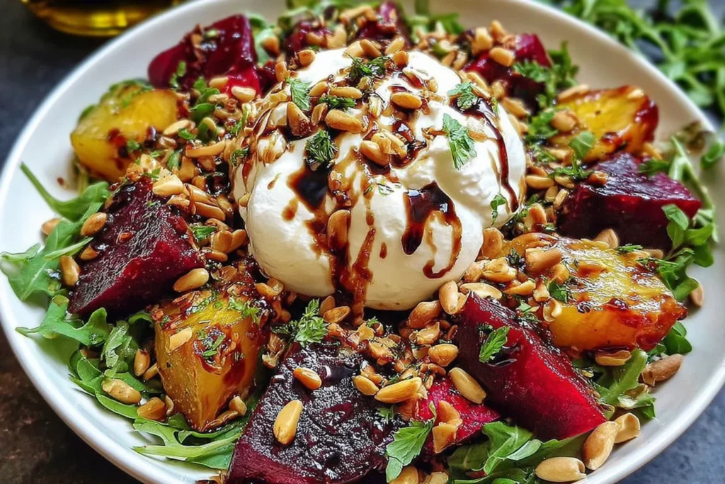 Beet and Burrata Salad on arugula with roasted red and golden beets, creamy burrata, toasted pine nuts, herbs, and balsamic drizzle.