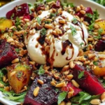 Beet and Burrata Salad on arugula with roasted red and golden beets, creamy burrata, toasted pine nuts, herbs, and balsamic drizzle.