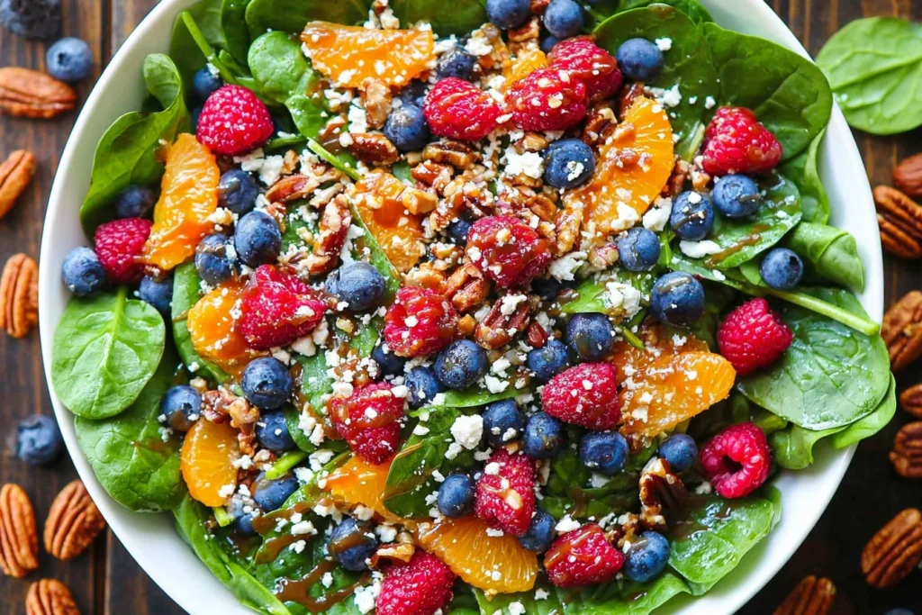 Berry Spinach Salad with Blueberries & Raspberries in a bowl with baby spinach, mandarin oranges, feta, toasted pecans, and balsamic glaze.