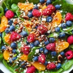Berry Spinach Salad with Blueberries & Raspberries in a bowl with baby spinach, mandarin oranges, feta, toasted pecans, and balsamic glaze.
