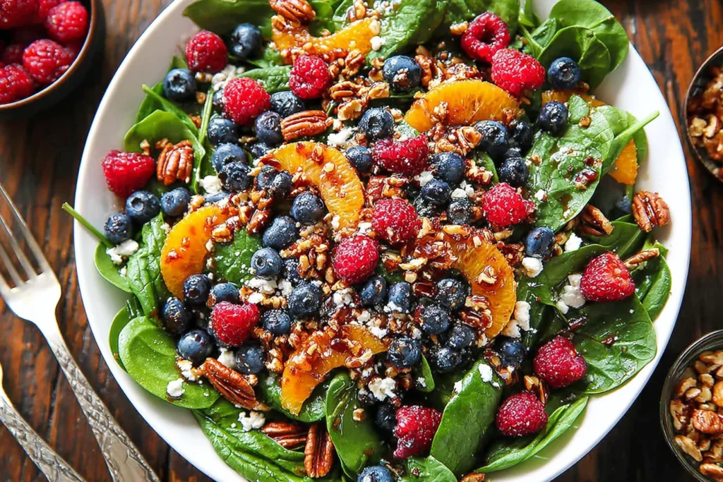 Berry Spinach Salad with Blueberries & Raspberries topped with mandarin oranges, toasted pecans, crumbled feta, and a balsamic glaze on fresh baby spinach.